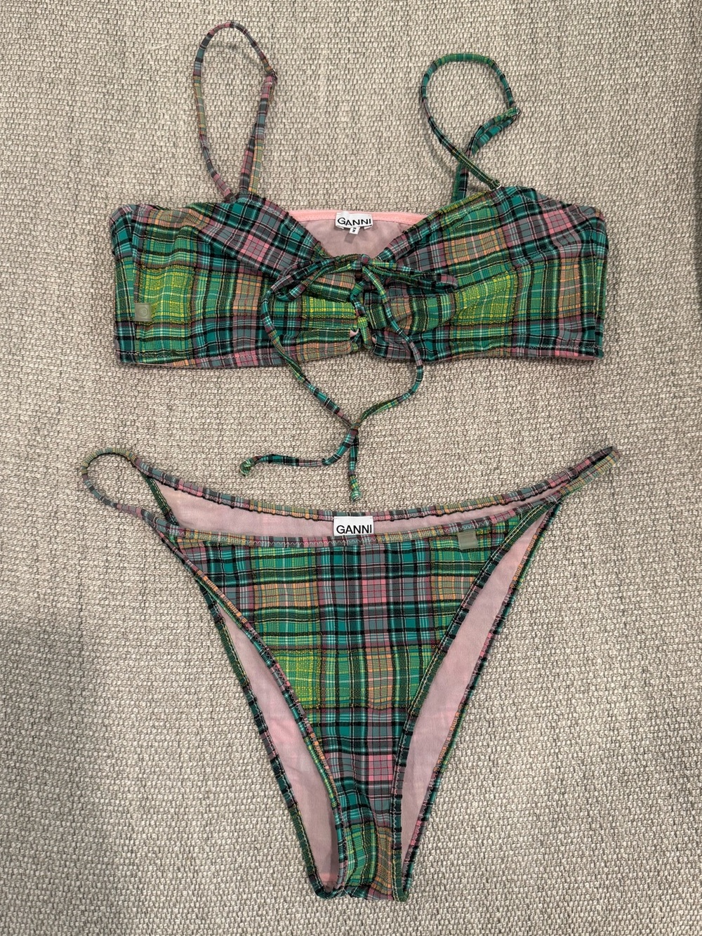 Ganni Green and Pink Plaid Bikini Set